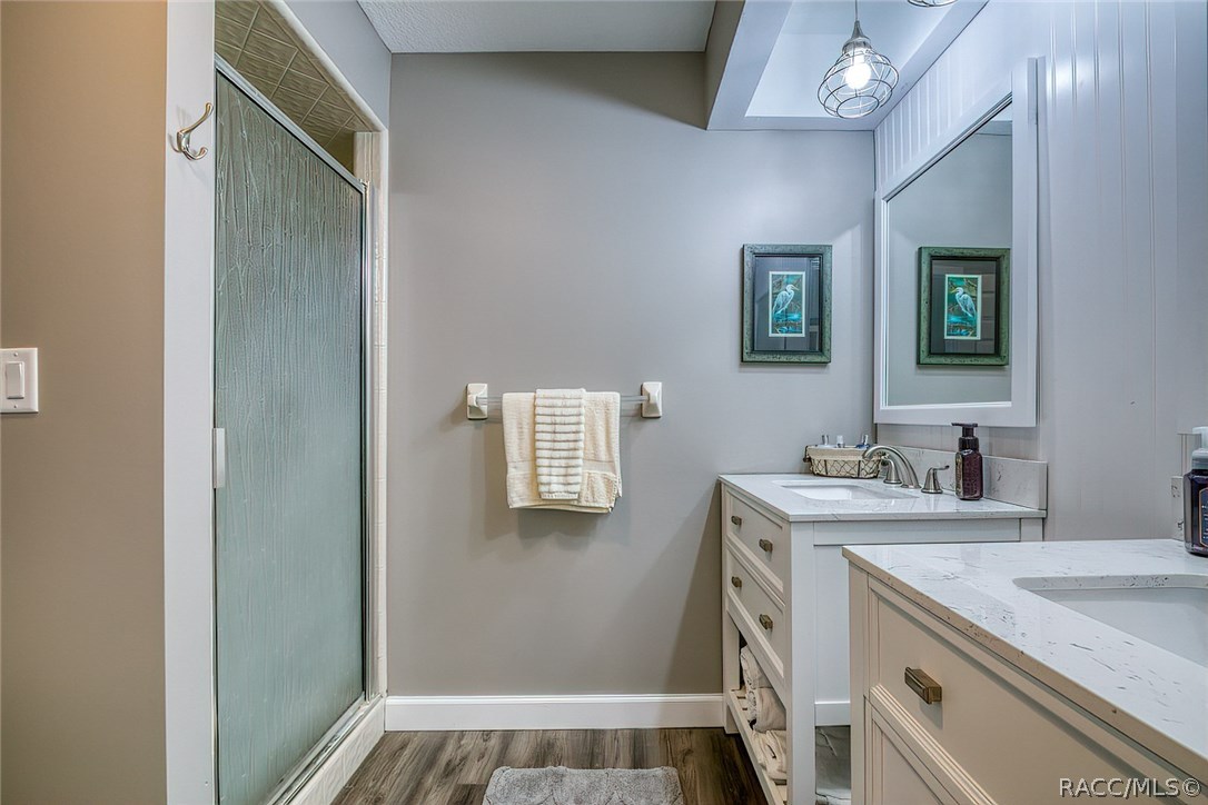 Master Bath with dual sinks and Shower.  Fully furnished with linens.