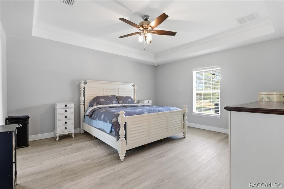Spacious primary bedroom with tray ceiling