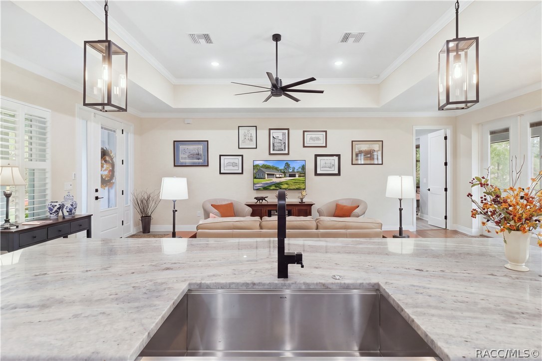 ISLAND VIEW  Looking across the oversized island & deep stainless sink into the great room showcases the home's open sightlines, tray ceiling, pendant lights & spacious gathering areas.