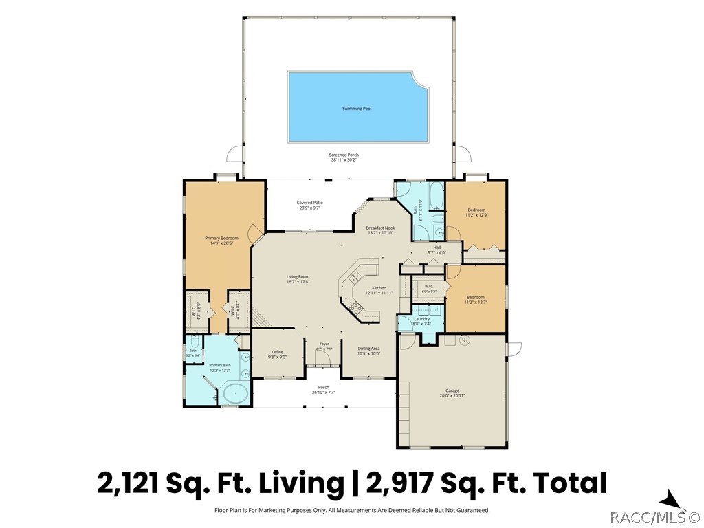 Floor Plan: 2,121 SQ FT OF LIVING SPACE  Floor plan highlights the spacious layout, including 3 bedrooms, PLUS office/flex room/ 4th Bedroom, 2 baths, multiple living/dining areas, garage, covered patio & oversized screened pool area.
