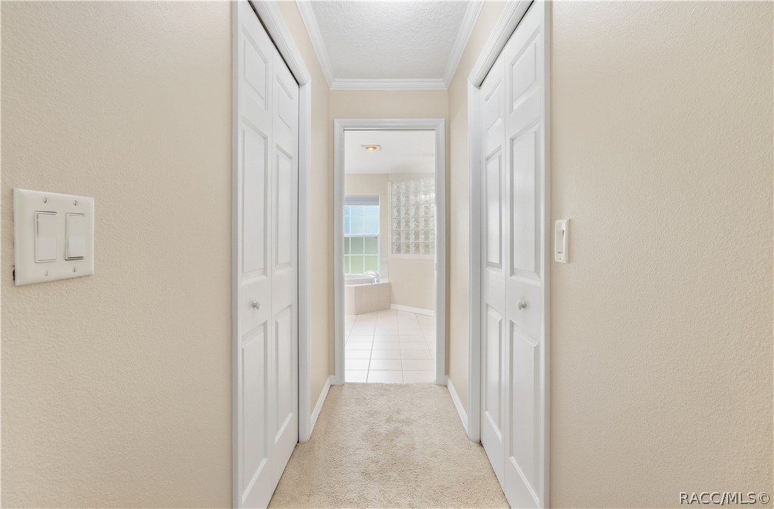 Primary Suite Hallway  Hallway leading from the primary bedroom to the ensuite bath, with closets on both sides for added storage.