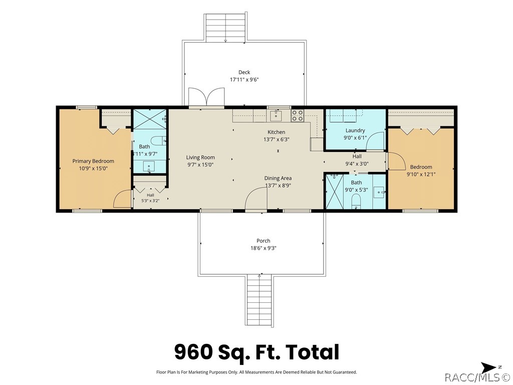 Floor Plan  Convenient floor plan illustrating the home's 2-BEDROOM, 2-BATH layout, OPEN LIVING & DINING AREAS, kitchen, indoor laundry, COVERED FRONT PORCH & REAR DECK. Floor plan measurements are approximate.