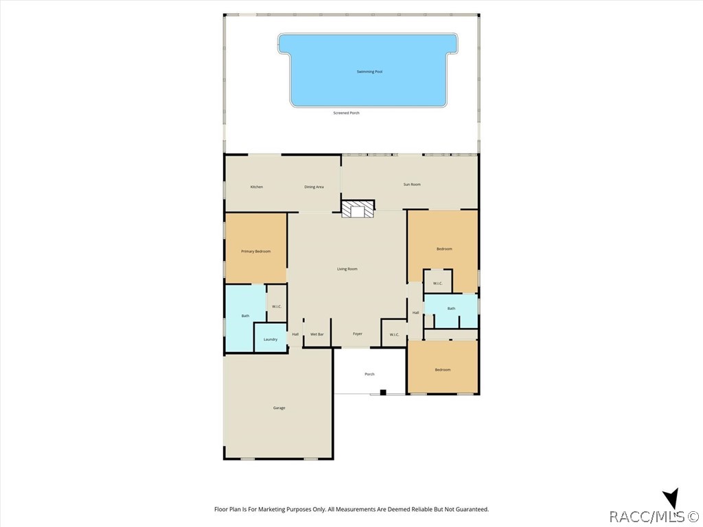 Color floor plan of the main level and pool.