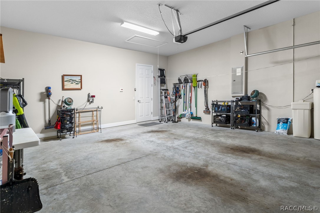 Opposite view of garage back toward entry door to house. Notice the pull down attic stair in the ceiling which provides access to some storage over the garage.