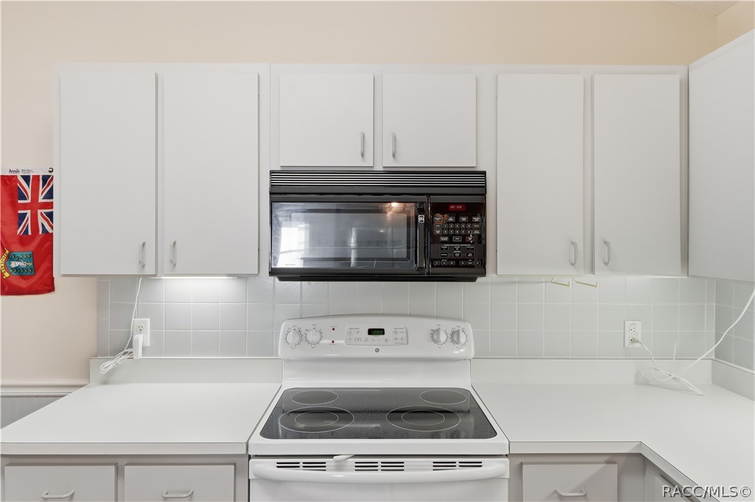 COOK UP SOMETHING GOOD! WHITE ELECTRIC RANGE, BUILT-IN MICROWAVE, TILE BACKSPLASH & surrounding cabinetry make meal preparation convenient!