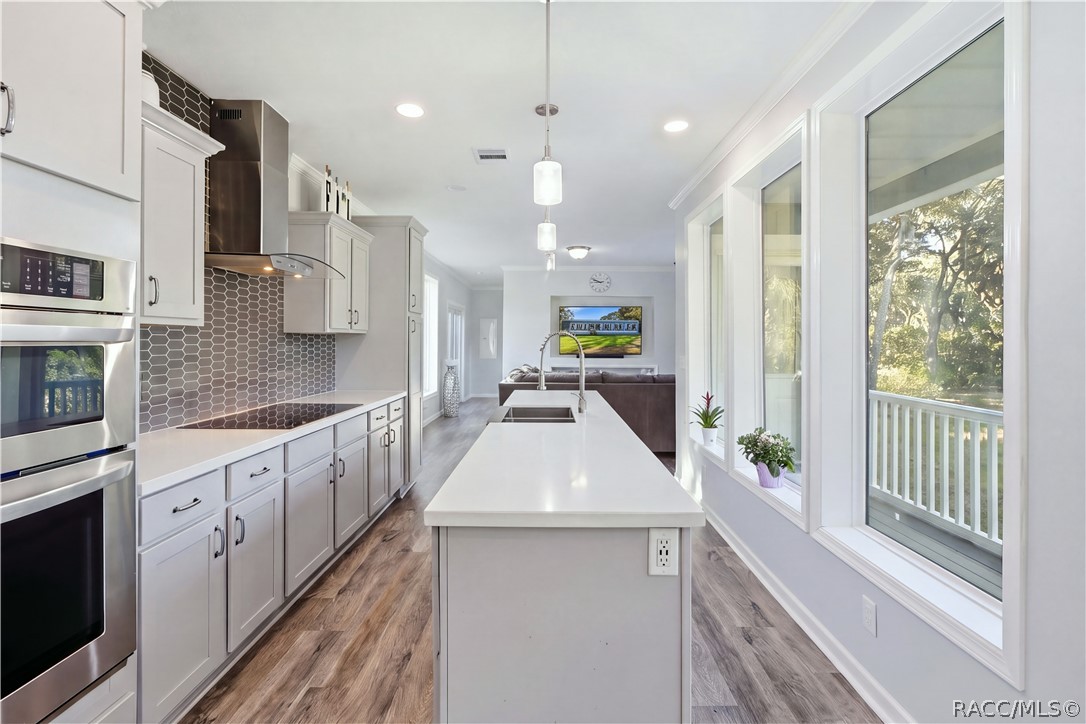 THE KITCHEN IS THE SHOWSTOPPER! Beautiful GRAY CABINETRY, expansive countertops, a generous CENTER ISLAND, stainless steel appliances & pendant lighting create an impressive gathering space.