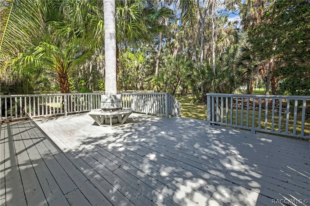 Wood deck: grey wood deck planks, a built-in bench around a palm tree trunk in the centre, railing and steps at the left, the screen enclosure at the right, trees, and a neighbouring house in the background.