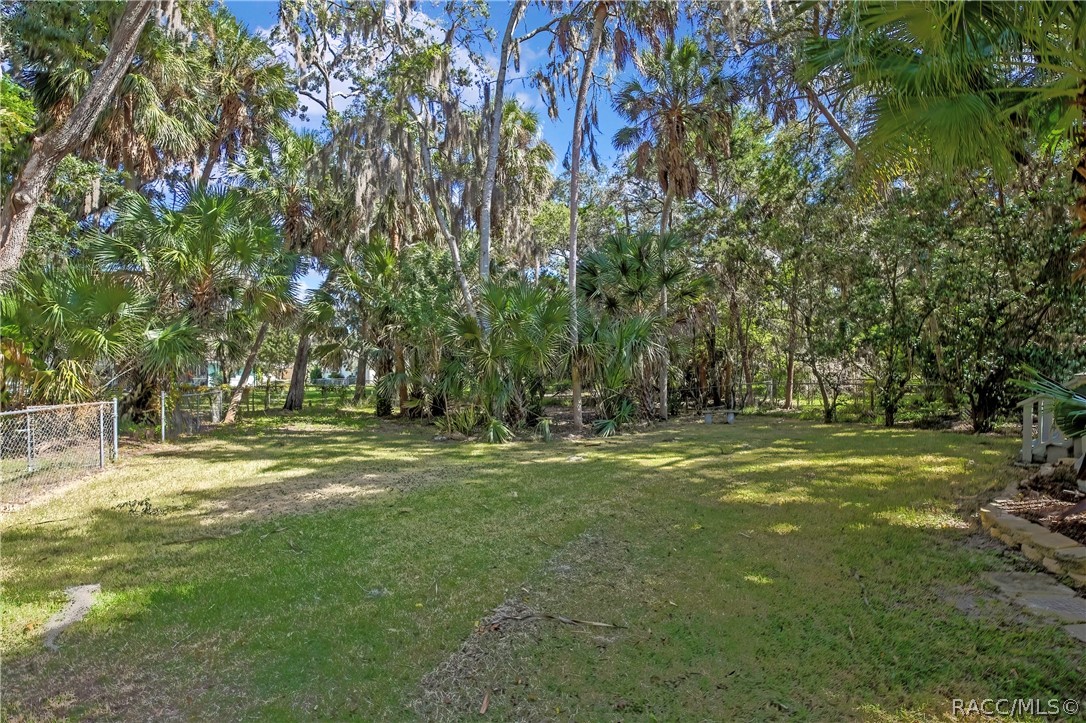 Wide grassy lot: oaks with Spanish moss, a white vinyl fence at the right, a house at the far right, plants at the left, and dappled shade across the grass.