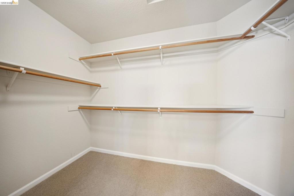 Walk-in storage space featuring neutral carpeting, white wall finishes, and tiered shelving with integrated wood-finish garment rods