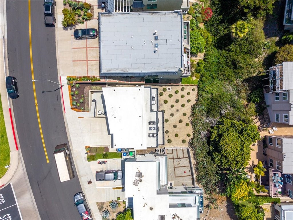 Aerial view of the street and surrounding homes.