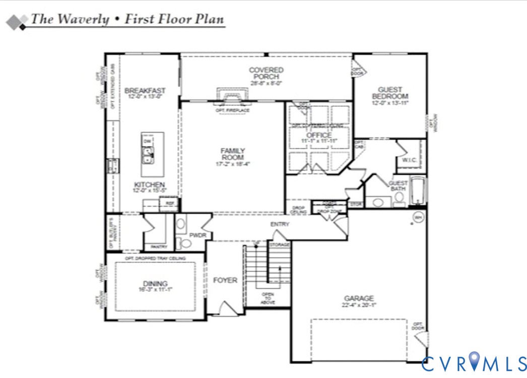 First Story Floor Plan. 
This home is to be built. The photo represents the plan, not the actual home. Design selections may vary.