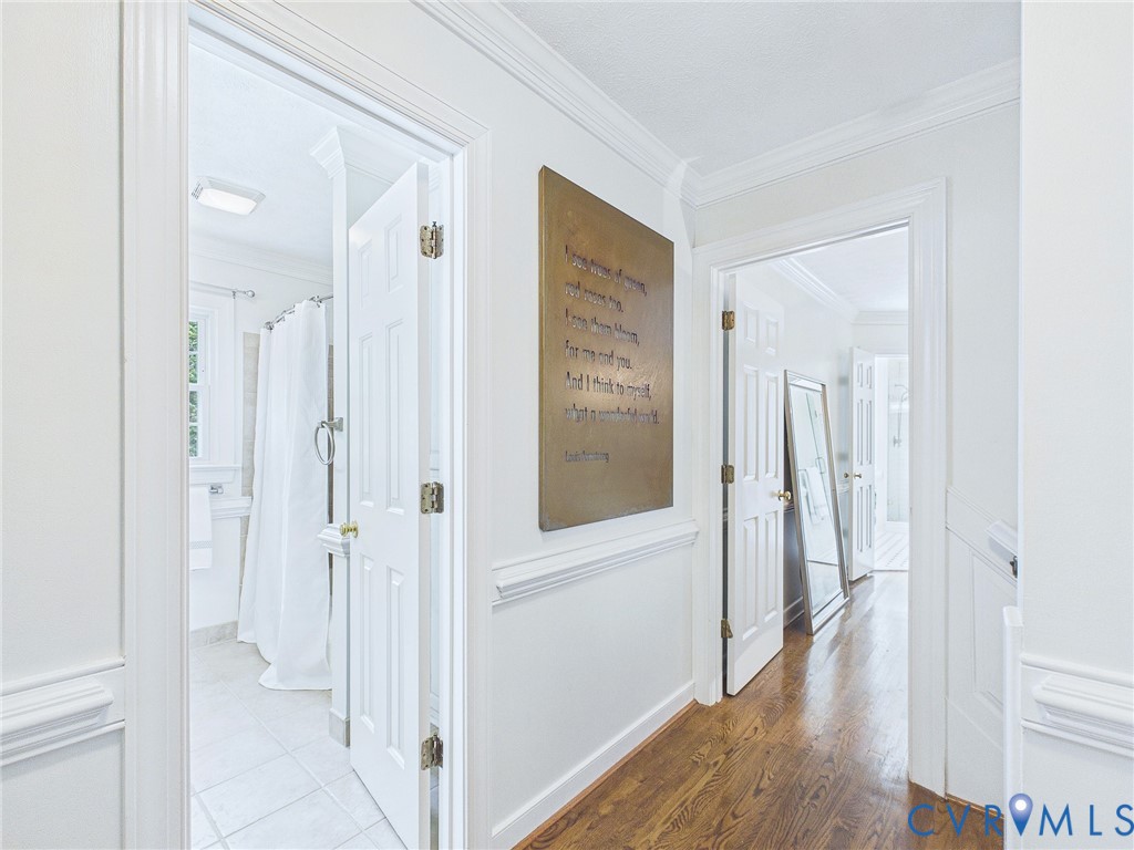 Hallway featuring crown molding, wainscoting, and wood-finish flooring