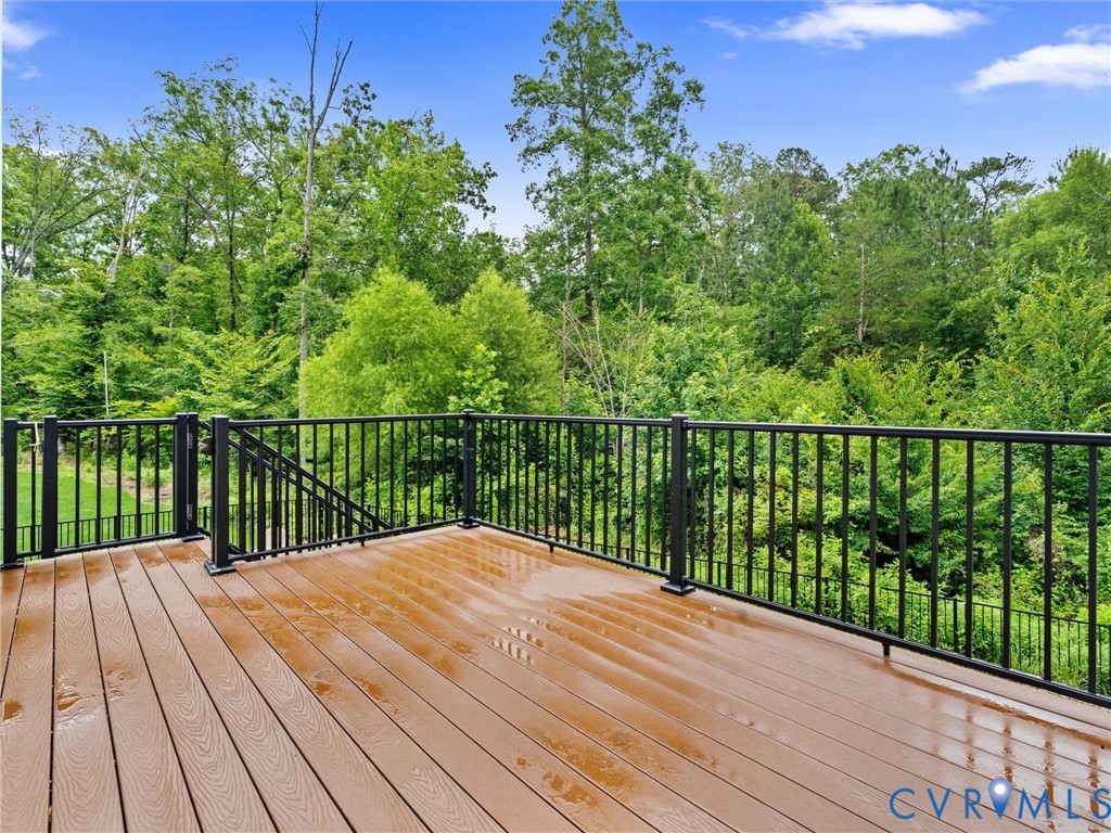 Expansive outdoor deck featuring wood-finish flooring and black metal railings