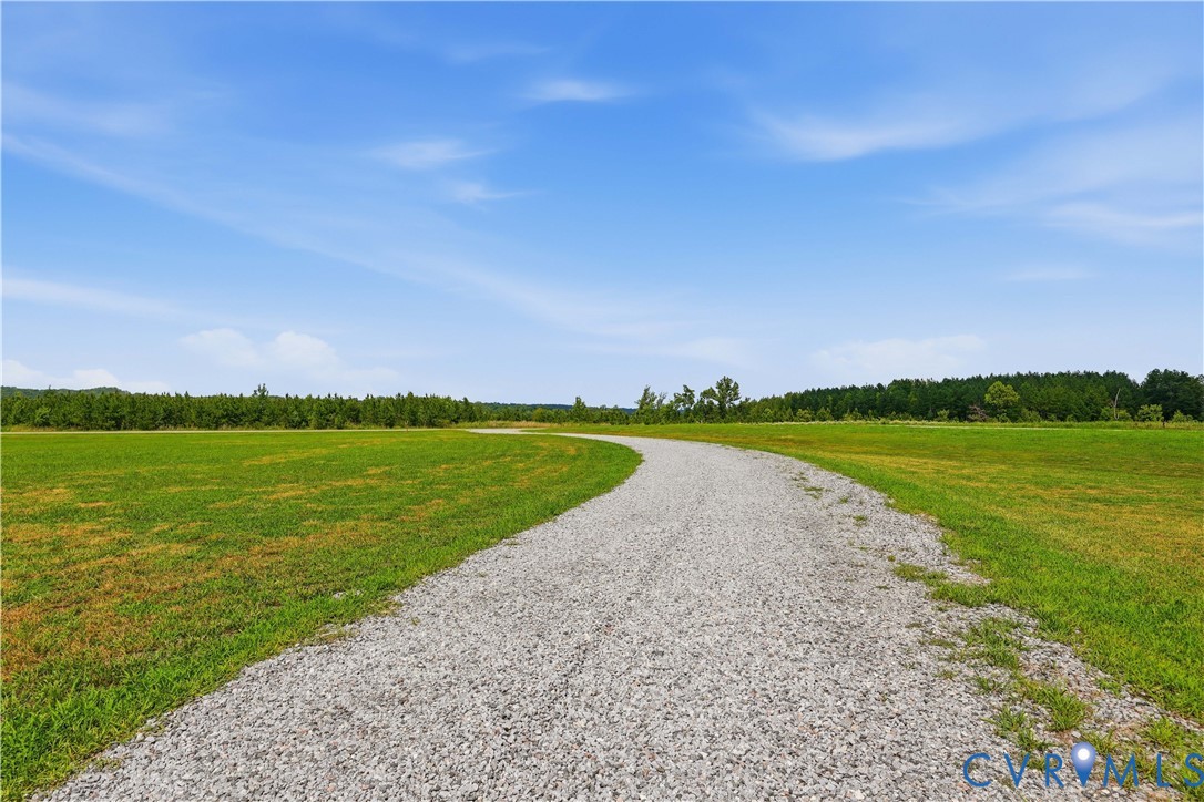 Winding gravel pathway traversing expansive green fields, bordered by a dense line of trees in the background