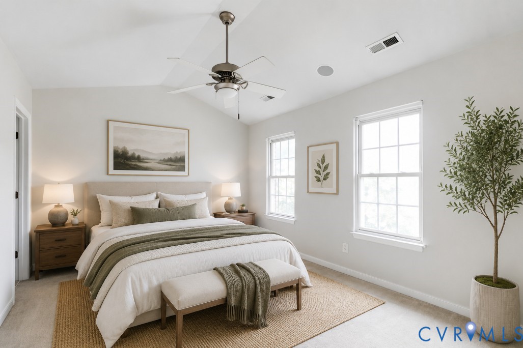 Virtually Staged Bedroom with vaulted ceiling and ceiling fan