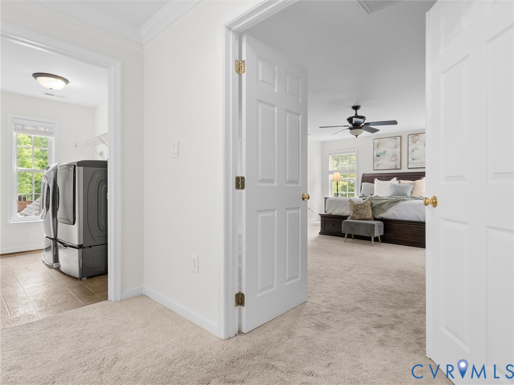 Spacious primary suite with carpeted flooring, ceiling fan, and abundant natural light from multiple windows