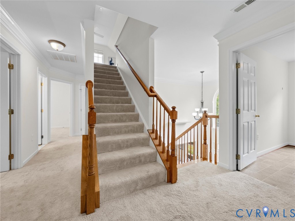 Carpeted staircase with wood-finish handrail and balusters