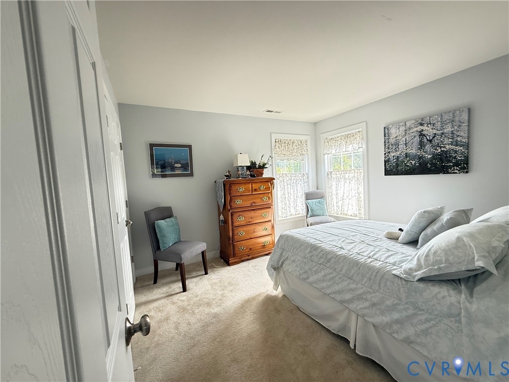Carpeted room featuring a light color palette, two windows with window treatments, a paneled door, and ample wall space