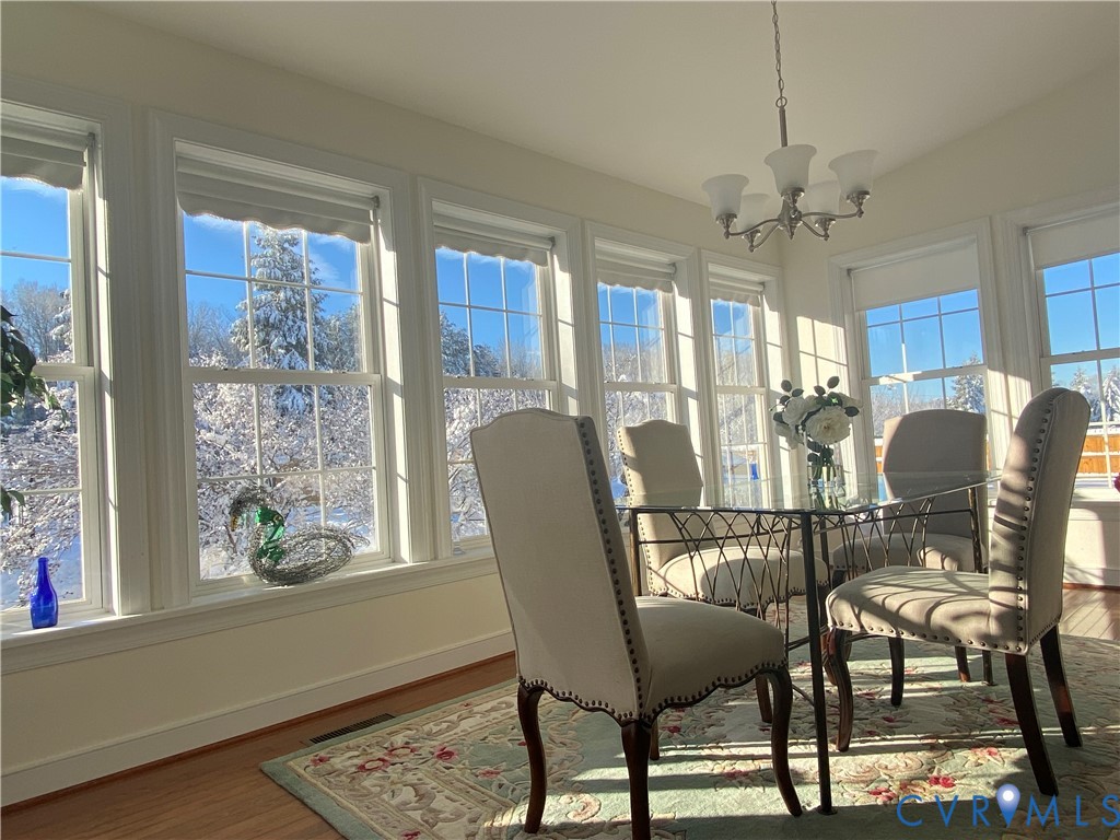 Sun-drenched room featuring multiple windows, a ceiling-mounted chandelier, wood-finish flooring, and a decorative area rug