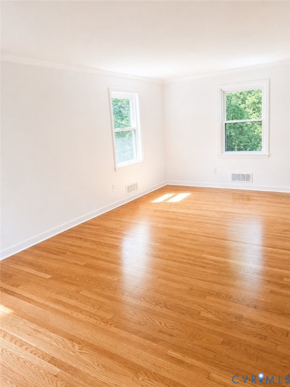 Hardwood flooring extending throughout, complemented by white baseboards and crown molding