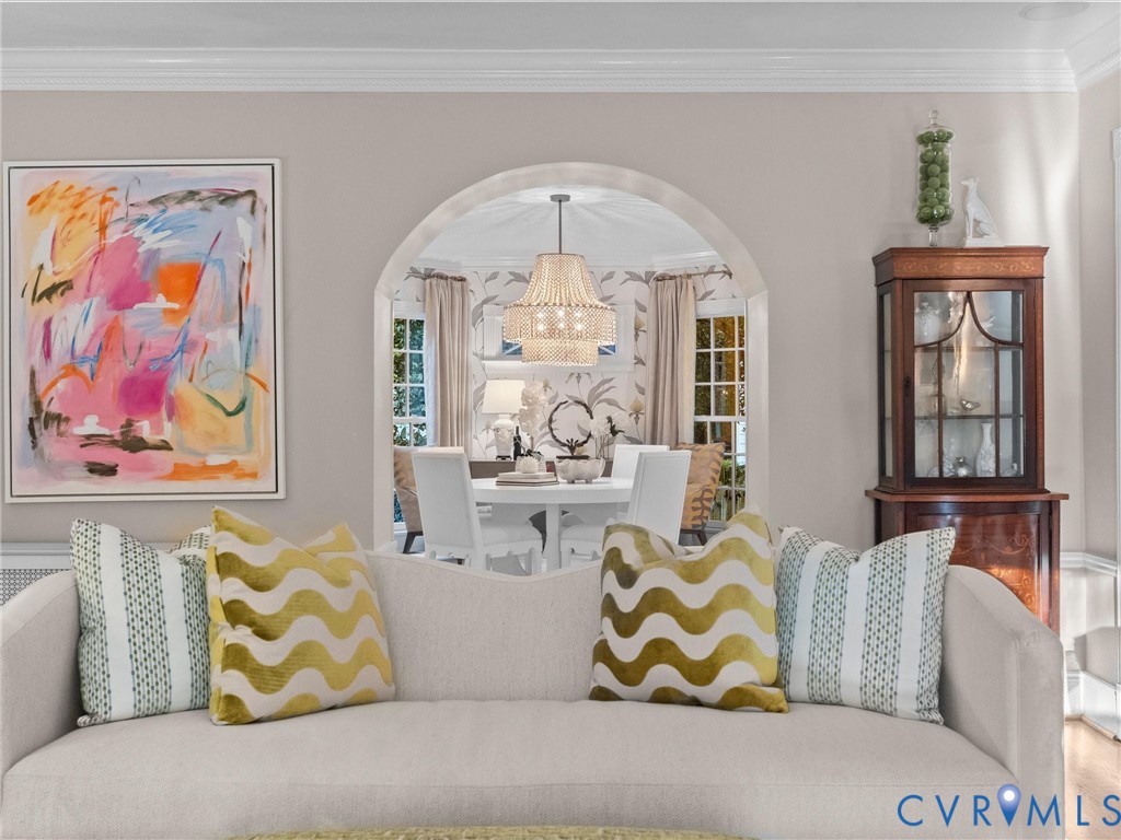 overlooking the breakfast room through the elegant archway