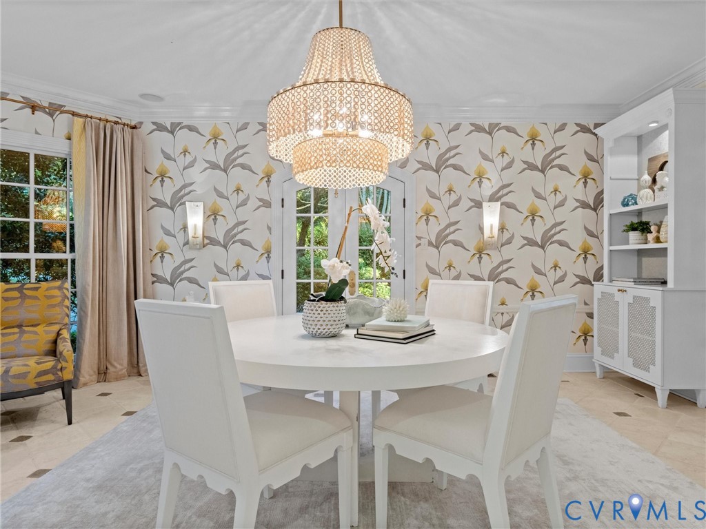 Octogonal breakfast room with heated tile floors and custom built-in cabinets