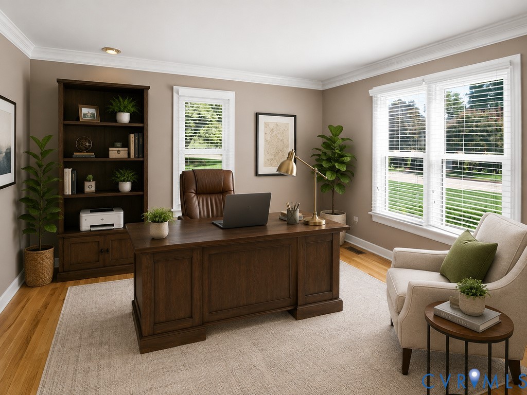 Hardwood flooring, crown molding, built-in recessed lighting, white window trim, and a built-in wood-finish bookcase with lower cabinetry
