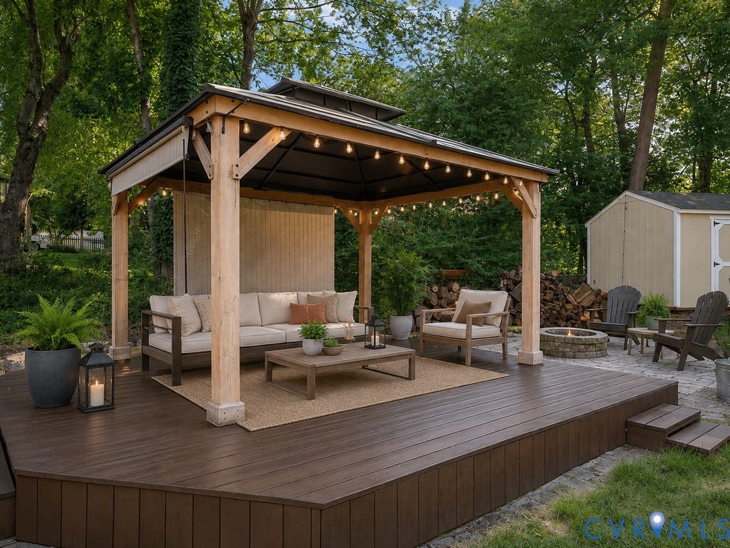 Expansive multi-level wood-finish deck with a built-in pergola
