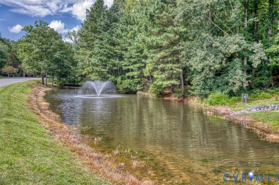 Serene pond setting with aerating fountain, mature tree-lined perimeter, and manicured lawn