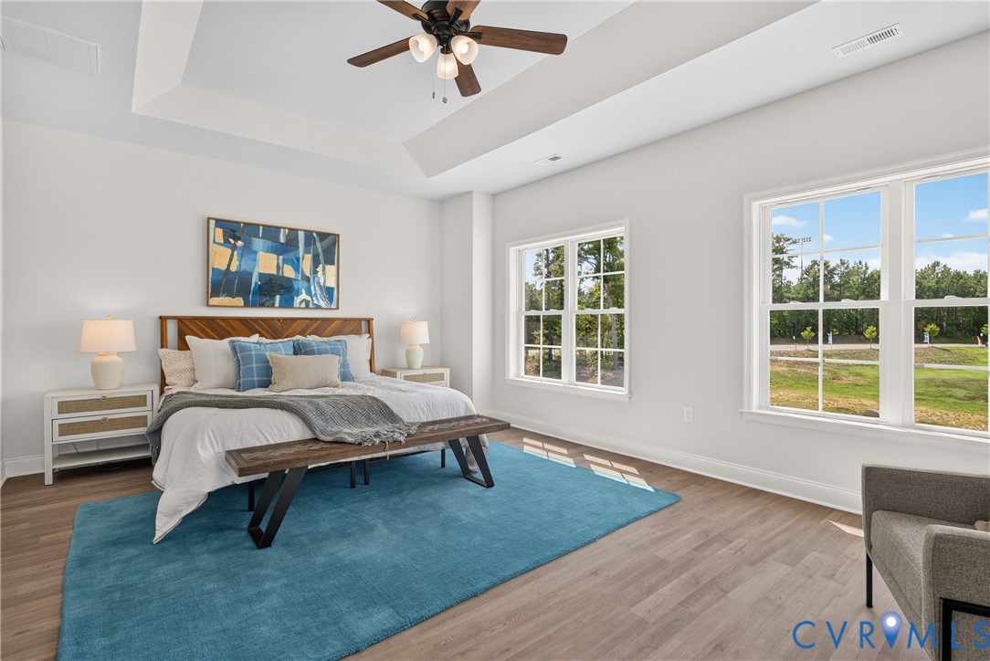 Tray ceiling with integrated lighting, wood-finish flooring, ceiling fan with light fixture, and multiple windows providing natural light