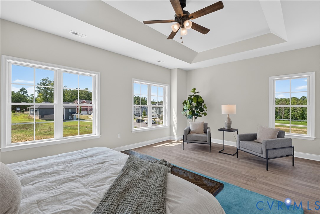 Tray ceiling with a ceiling fan, multiple windows with white trim, light gray wall paint, and wood-finish flooring