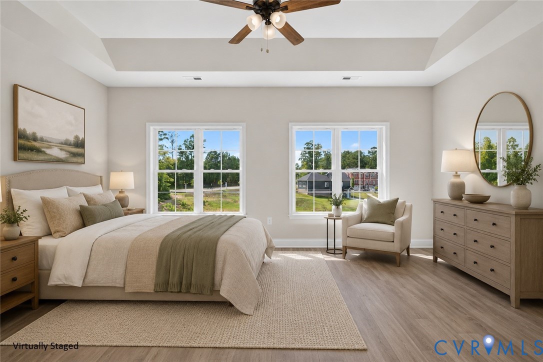 Tray ceiling with a ceiling fan, two large windows, and wood-finish flooring