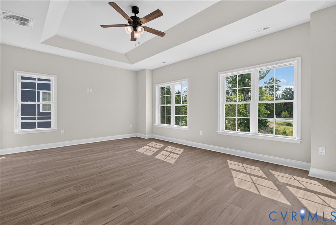 Spacious room featuring a tray ceiling, ceiling fan, wood-finish flooring, and multiple windows