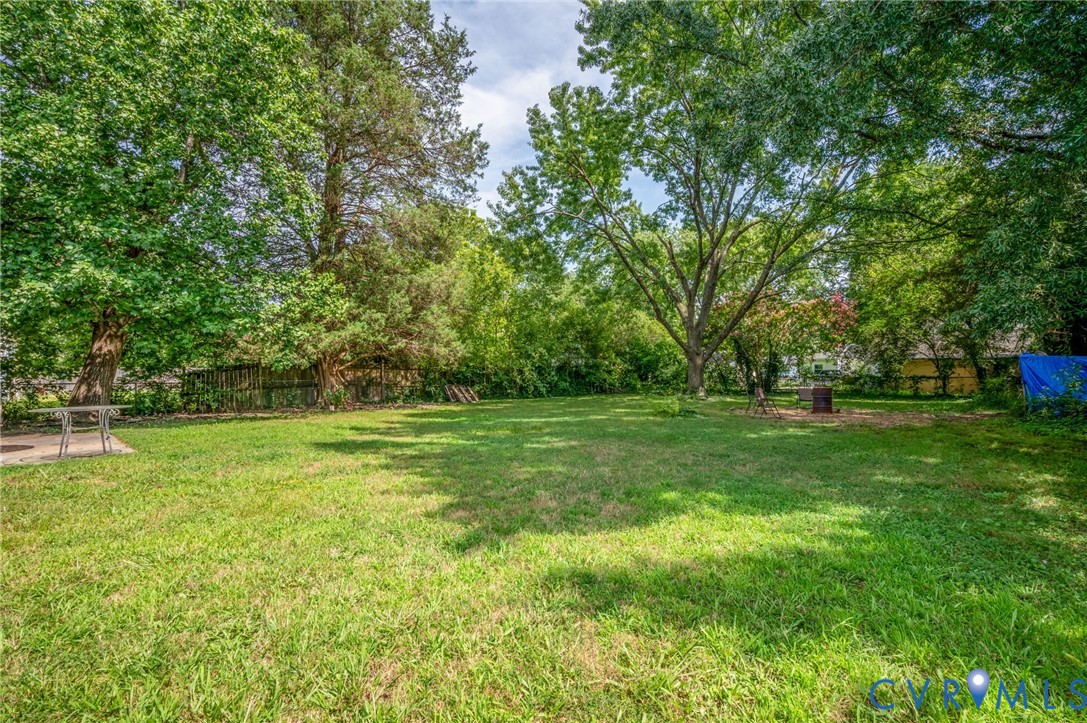 Expansive green lawn surrounded by mature trees, featuring a concrete patio Expansive green lawn surrounded by mature trees, featuring a concrete patio