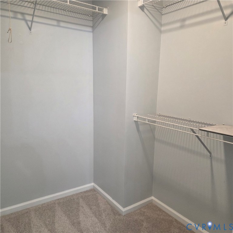 Carpeted closet space with wire shelving and light-toned wall paint