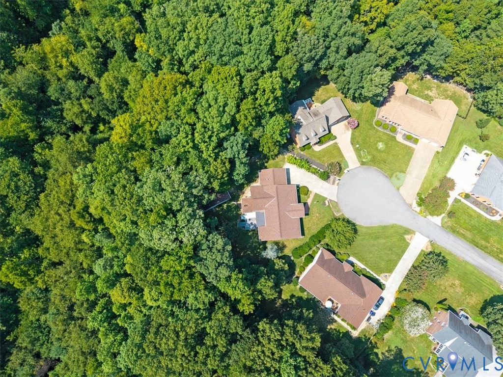 Aerial view showcasing multiple residences nestled within mature, densely forested surroundings