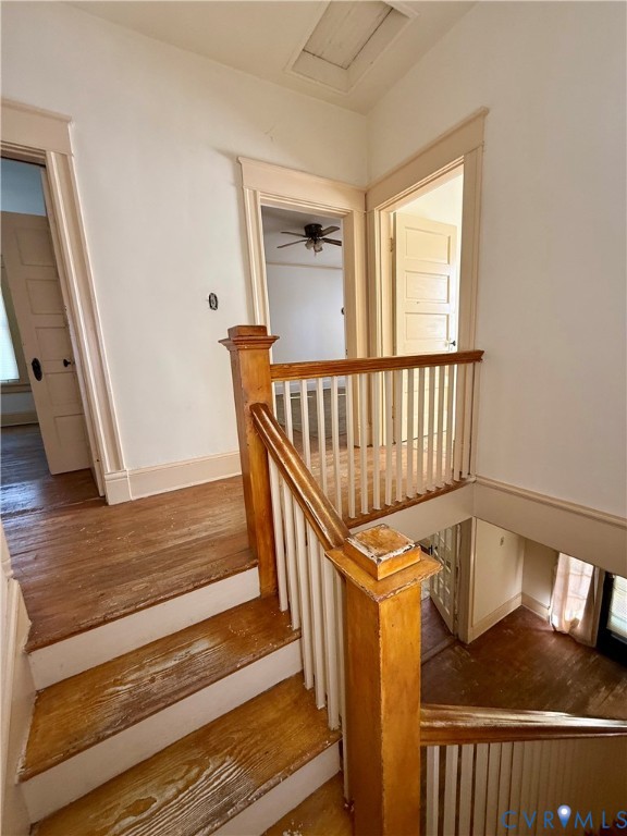 Wooden staircase with white risers, wood-finish flooring, and white trim Wooden staircase with white risers, wood-finish flooring, and white trim