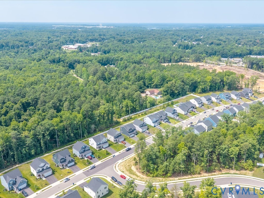 Residential development featuring contemporary homes with paved driveways, surrounded by extensive mature trees