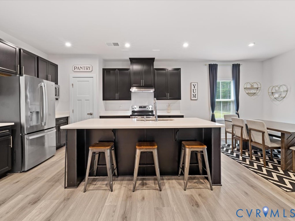 Wood-finish flooring throughout, dark cabinetry, stainless steel appliances, kitchen island with seating, and a dedicated pantry