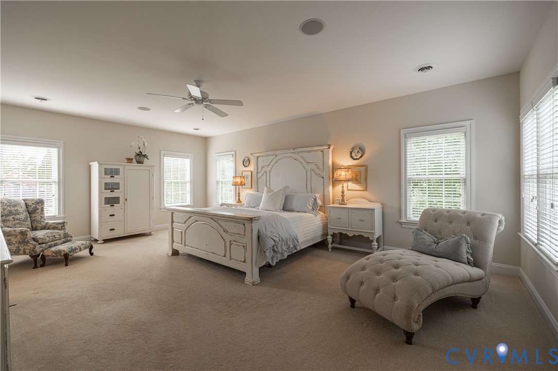 Expansive room with neutral carpeting and a ceiling fan