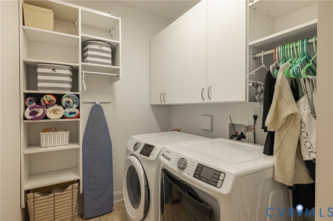 Laundry area with built-in cabinetry, upper storage cabinets, and open shelving