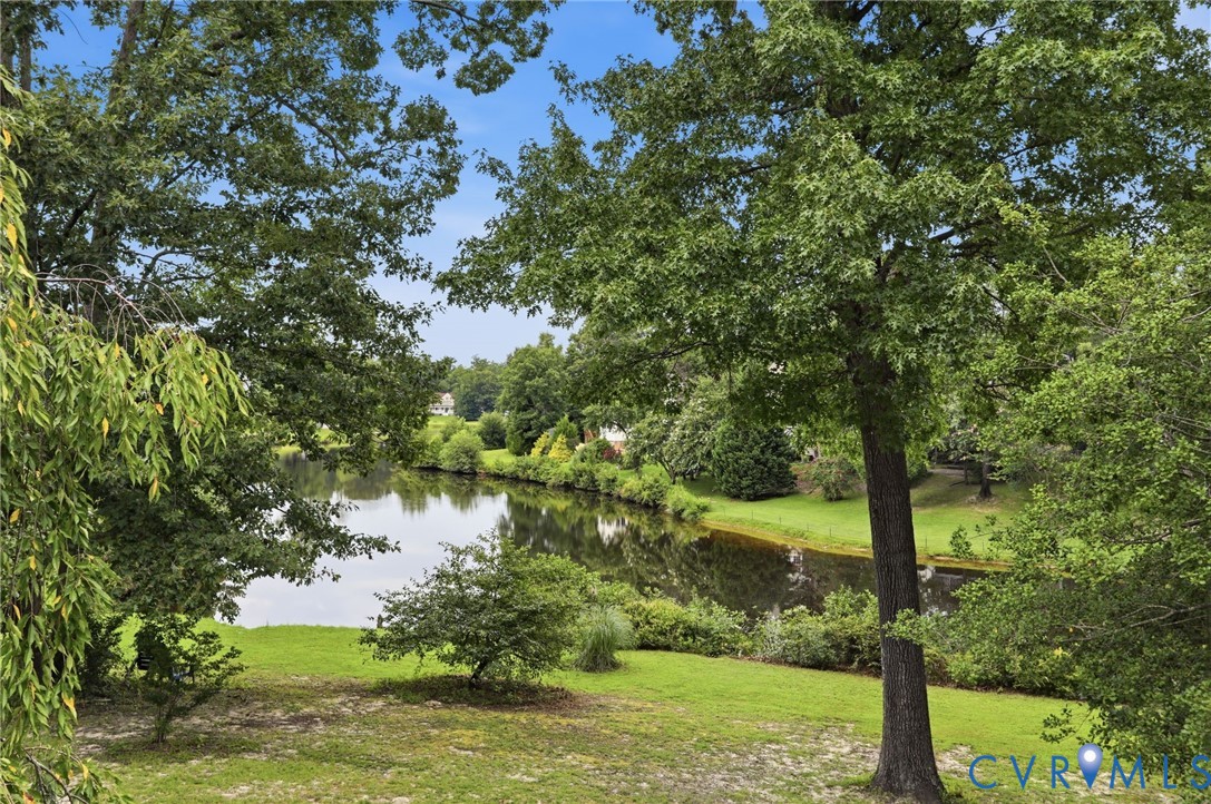 Beautiful backyard setting overlooking the water, surrounded by mature trees and greenery.