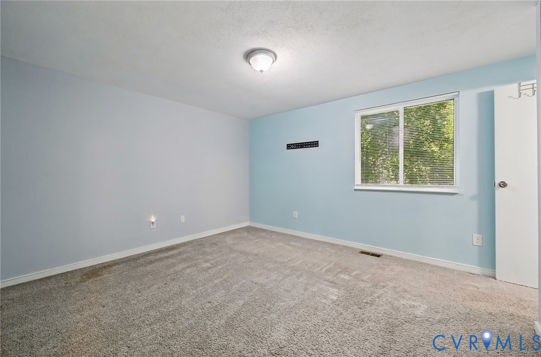 Wall-to-wall carpeting, overhead flush-mount lighting, and a single window with blinds