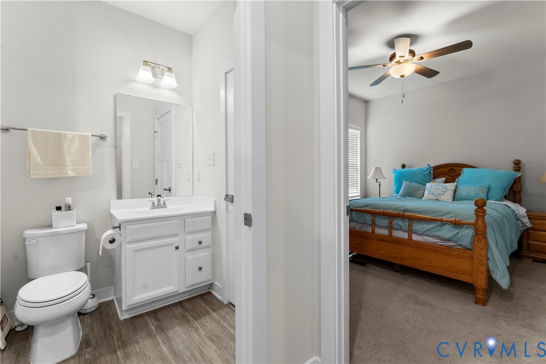 Bathroom with a white vanity and wood-finish flooring