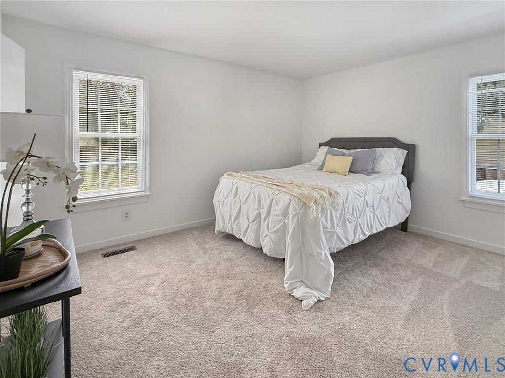 Plush carpeting, crisp white walls, and two multi-pane windows
