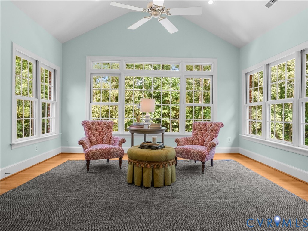 Vaulted ceiling with a ceiling fan, abundant natural light from multiple windows, and wood-finish flooring