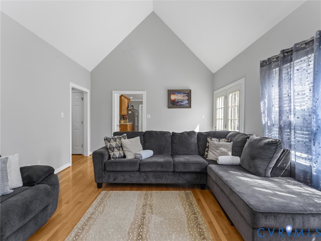 Vaulted ceiling, wood-finish flooring, French doors, and light gray wall paint