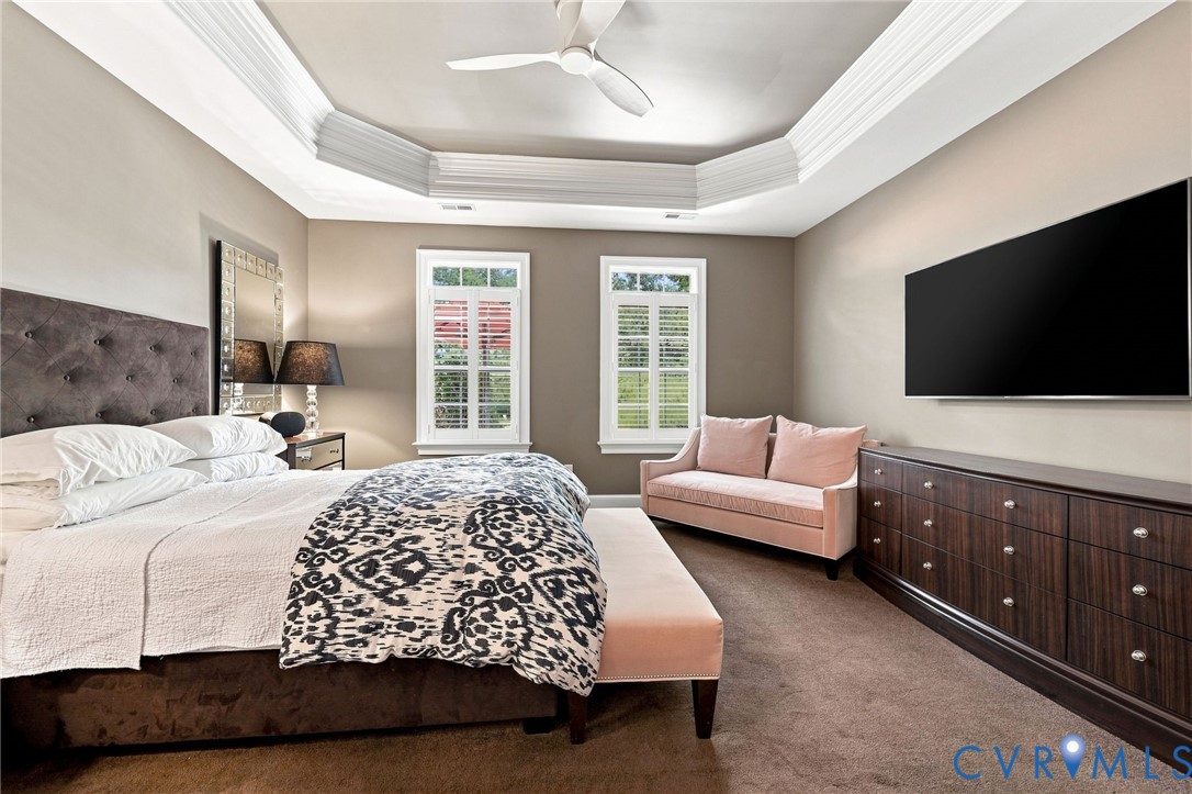 Tray ceiling with crown molding, ceiling fan, two windows with plantation shutters, wall-mounted television, and wood-finish dresser