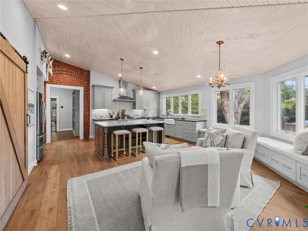 Vaulted wood-paneled ceiling and walk-in pantry