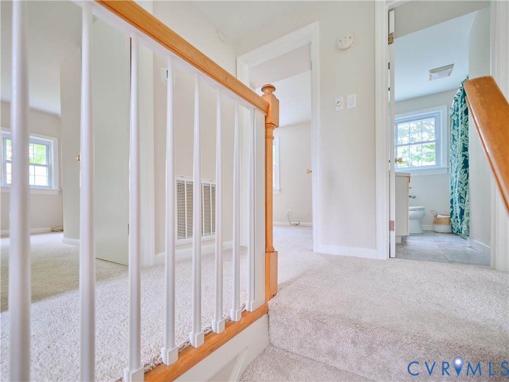 Carpeted staircase with wood-finish handrail and white balusters